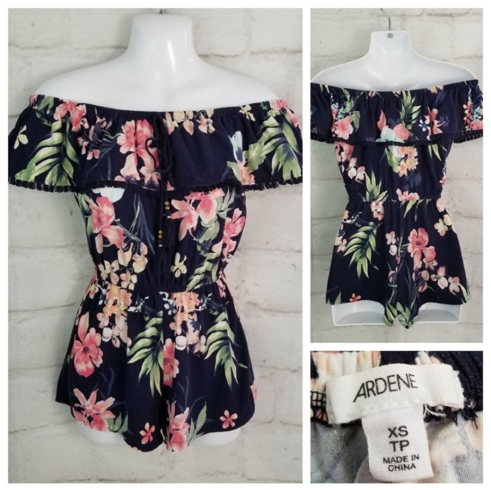 Ardene XS Dark Blue Floral Off-Shoulder Flutter Fringed Ruffled Shorts Romper